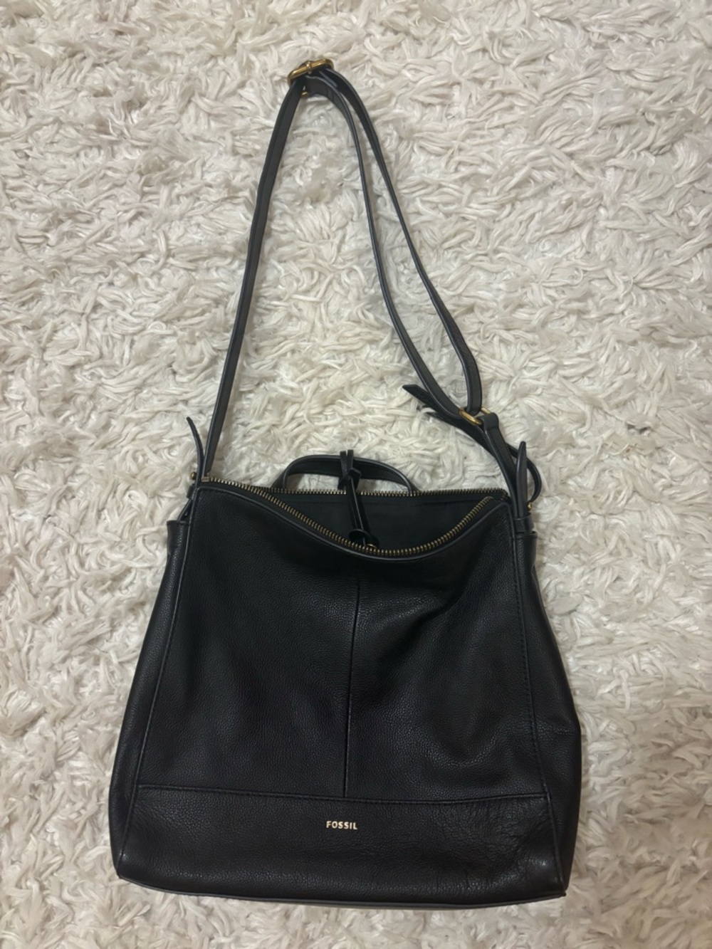 Fossil Black Leather Shoulder Tote with Gold Hardware